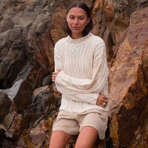 Honest Cotton Charlie cotton off-white Cream Cable Knit mock neck Sweater OS